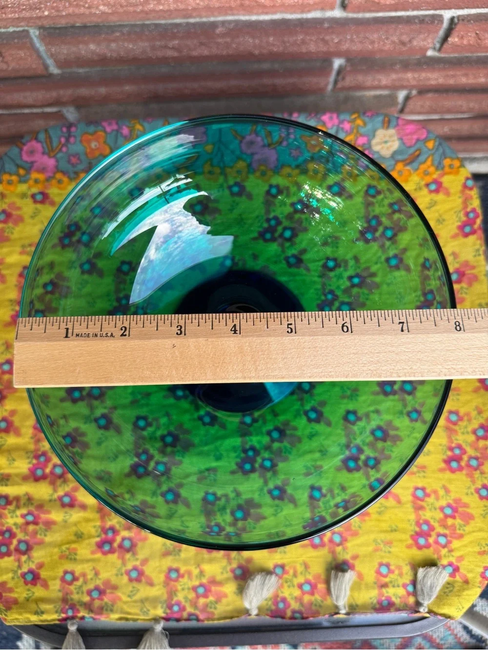 Vintage Teal & Cobalt Blue Art Glass Pedestal Bowl 8”
